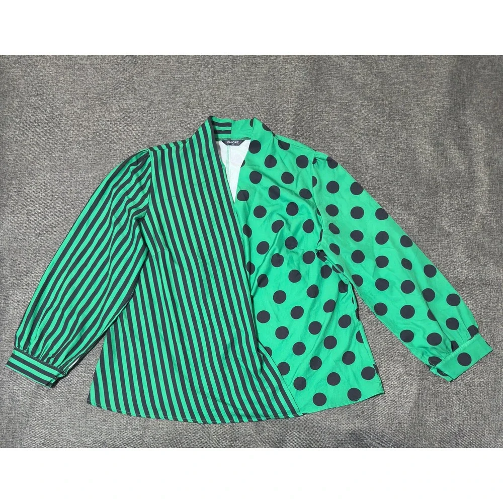 ChicMe Women's 2XL Blouse‎ Green Black Polka Dot Striped Long Sleeve V-Neck